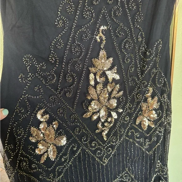 Flapper Style roaring 20’s Babeyond Black and Gold Beaded Dress with fringe XXL - Picture 3 of 8